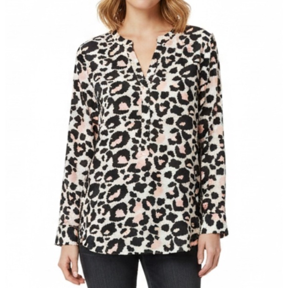TALBOTS Chiffon Blouse Top WHITE/BLACK/PINK Leopard Print POPOVER 1/2-Button M